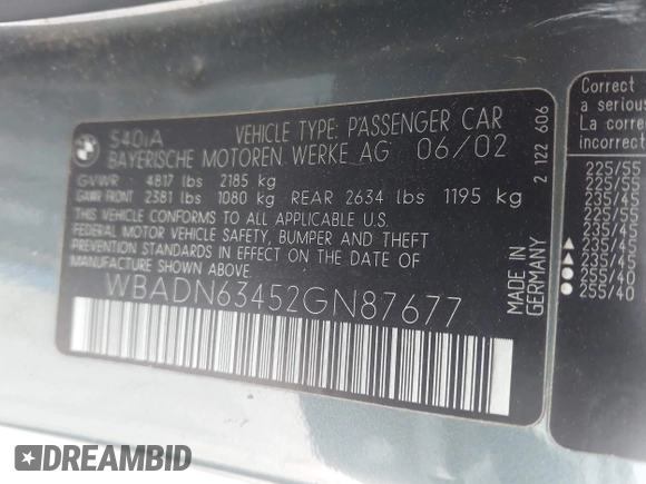 2002 BMW 5 Series 540i z VIN WBADN63452GN87677, wystawiony jako IAAI lot #42384874 z przebiegiem Nie podano mil oraz . Historia ofert i sprzedaży dostępna na DreamBid. Obrazek 9.