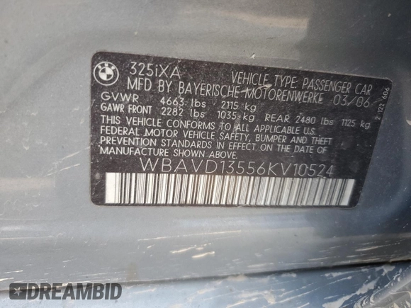 2006 BMW 3 Series 325xi with VIN WBAVD13556KV10524, listed as a Copart auction lot 70764324 with 232,184 mi miles and Salvage Title. Bid and sale history available at DreamBid. Image 13.