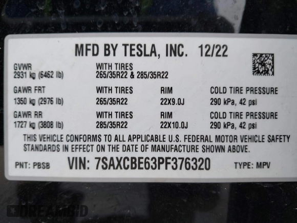 2023 Tesla Model X Plaid with VIN 7SAXCBE63PF376320, listed as a IAAI auction lot 40954738 with Not Provided miles and . Bid and sale history available at DreamBid. Image 9.