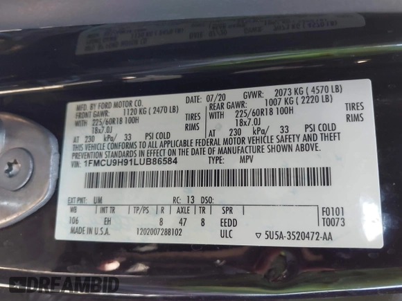 2020 Ford Escape SEL z VIN 1FMCU9H91LUB86584, wystawiony jako IAAI lot #42268456 z przebiegiem 94 753 mil mil oraz . Historia ofert i sprzedaży dostępna na DreamBid. Obrazek 9.