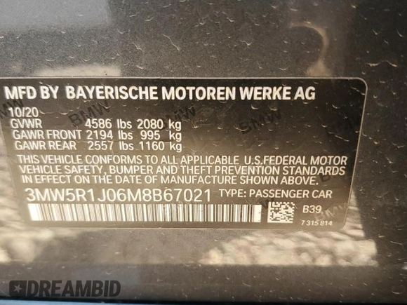 2021 BMW 3 Series 330i with VIN 3MW5R1J06M8B67021, listed as a Copart auction lot 49488195 with 67,806 mi miles and Salvage Title. Bid and sale history available at carsss.com. Image 12.