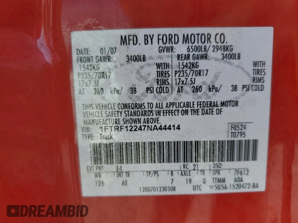 2007 Ford F-150 XL with VIN 1FTRF12247NA44414, listed as a Copart auction lot 53447705 with 144,243 mi miles and Salvage Title. Bid and sale history available at carsss.com. Image 13.