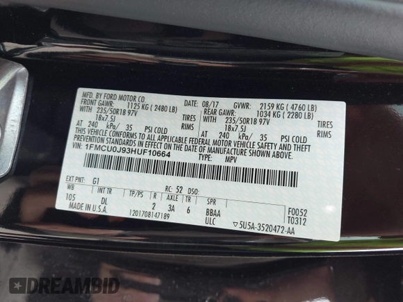 2017 Ford Escape Titanium with VIN 1FMCU0J93HUF10664, listed as a IAAI auction lot 41921588 with 88,377 mi miles. Bid and sale history available at carsss.com. Image 9.
