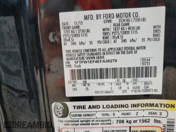2014 Ford F-150 XL with VIN 1FTFW1EF4EFA38279, listed as a Copart auction lot 53785024 with 162,474 mi miles and Salvage title. Bid and sale history available at DreamBid. Image 14.