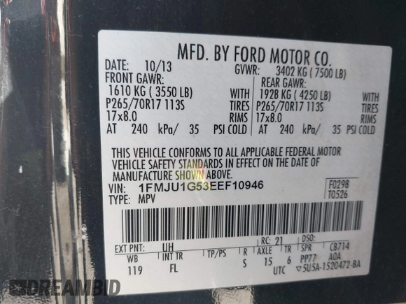 2014 Ford Expedition XL с VIN 1FMJU1G53EEF10946, выставлен на аукционе IAAI как лот 41744160 с пробегом 203 141 миль миль и . История ставок и продаж доступна на DreamBid. Изображение 9.