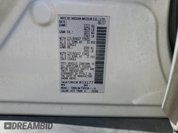 2017 Nissan Rogue SV with VIN 5N1AT2MV2HC853177, listed as a Copart auction lot 59029545 with 117,816 mi miles and Salvage title. Bid and sale history available at DreamBid. Image 13.