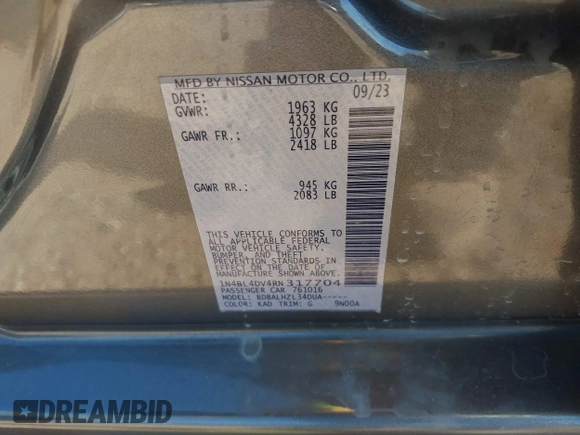 2024 Nissan Altima SV with VIN 1N4BL4DV4RN317704, listed as a IAAI auction lot 42573325 with Not provided miles and . Bid and sale history available at DreamBid. Image 9.