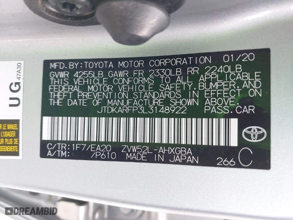 2020 Toyota Prius Prime LE with VIN JTDKARFP3L3148922, listed as a IAAI auction lot 41837323 with 38,326 mi miles. Bid and sale history available at carsss.com. Image 9.
