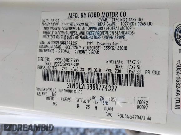 2011 Lincoln MKZ Hybrid with VIN 3LNDL2L38BR774327, listed as a IAAI auction lot 41820314 with 212,355 mi miles. Bid and sale history available at carsss.com. Image 9.