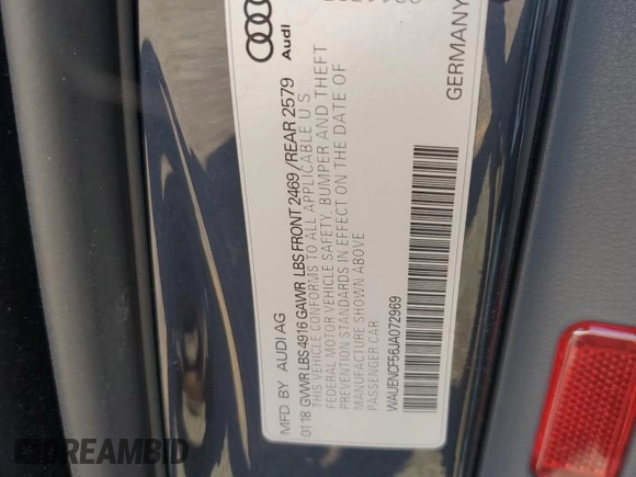 2018 Audi A5 Sportback Premium Plus with VIN WAUENCF56JA072969, listed as a Copart auction lot 39968134 with 61,683 mi miles. Bid and sale history available at carsss.com. Image 12.