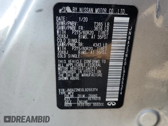 2020 Infiniti QX80 LUXE with VIN JN8AZ2NE0L9255374, listed as a Copart auction lot 79107194 with Not Provided miles and Salvage Title. Bid and sale history available at carsss.com. Image 13.