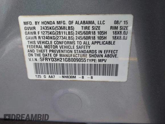 2016 Acura MDX with VIN 5FRYD3H21GB009055, listed as a IAAI auction lot 42012020 with 132,058 mi miles and . Bid and sale history available at DreamBid. Image 9.