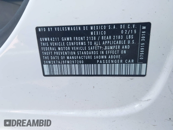 2015 Volkswagen Jetta S с VIN 3VW2K7AJ9FM297260, выставлен на аукционе IAAI как лот 42221434 с пробегом 121 378 миль миль и . История ставок и продаж доступна на DreamBid. Изображение 9.