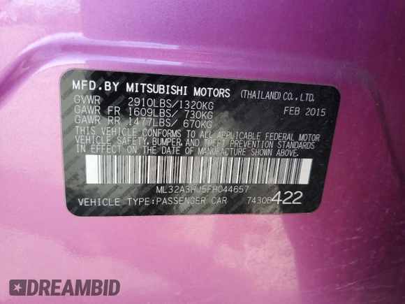 2015 Mitsubishi Mirage DE with VIN ML32A3HJ5FH044657, listed as a Copart auction lot 56916395 with 48,321 mi miles and Salvage title. Bid and sale history available at DreamBid. Image 12.
