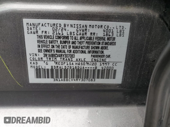2024 Nissan Sentra SV with VIN 3N1AB8CV4RY307083, listed as a Copart auction lot 60912005 with 37,070 mi miles and Salvage title. Bid and sale history available at DreamBid. Image 13.
