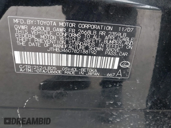 2008 Lexus ES 350 with VIN JTHBJ46G782188192, listed as a IAAI auction lot 41842723 with 277,421 mi miles. Bid and sale history available at carsss.com. Image 9.