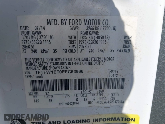 2014 Ford F-150 XL with VIN 1FTFW1ET0EFC63966, listed as a IAAI auction lot 42172143 with 155,335 mi miles and . Bid and sale history available at DreamBid. Image 9.