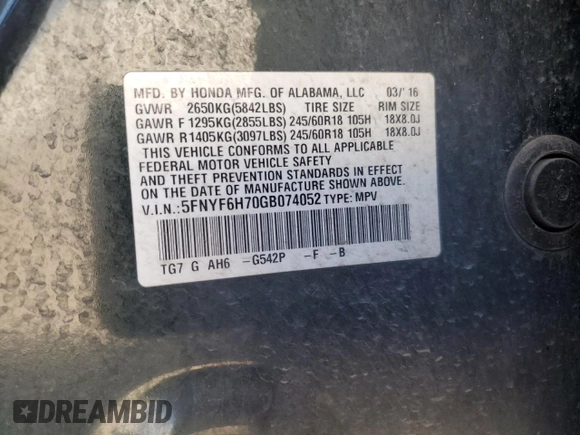 2016 Honda Pilot EX-L с VIN 5FNYF6H70GB074052, выставлен на аукционе Copart как лот 58181665 с пробегом 147 780 миль миль и Списание • Salvage title. История ставок и продаж доступна на DreamBid. Изображение 14.