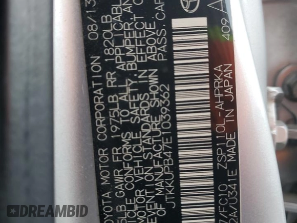 2014 Scion xD z VIN JTKKUPB47E1039362, wystawiony jako Copart lot #49577145 z przebiegiem 164 354 mil mil oraz Szkoda całkowita • Salvage title. Historia ofert i sprzedaży dostępna na DreamBid. Obrazek 14.