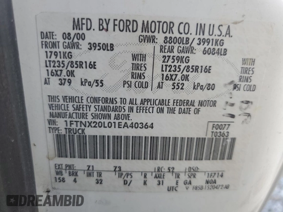 2001 Ford Super Duty F-250 XL with VIN 1FTNX20L01EA40364, listed as a Copart auction lot 74756234 with 244,584 mi miles and Salvage Title. Bid and sale history available at carsss.com. Image 12.