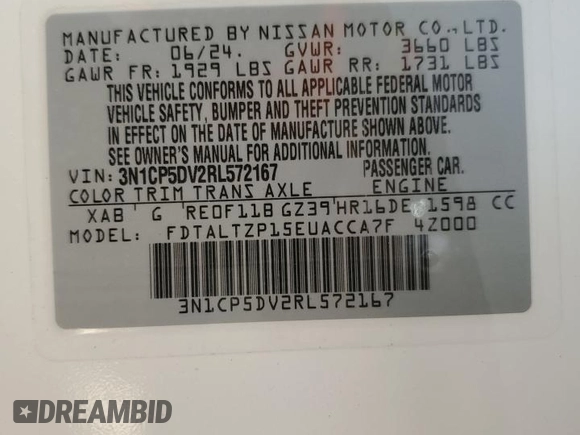2024 Nissan Kicks SR with VIN 3N1CP5DV2RL572167, listed as a Copart auction lot 52537365 with 285 mi miles and Salvage Title. Bid and sale history available at carsss.com. Image 12.