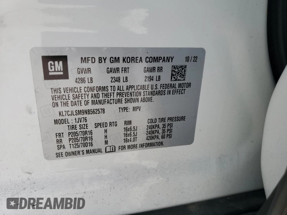 2022 Chevrolet Trax LT z VIN KL7CJLSM9NB562578, wystawiony jako Copart lot #53083895 z przebiegiem 17 916 mil mil oraz Szkoda całkowita • Salvage title. Historia ofert i sprzedaży dostępna na DreamBid. Obrazek 13.