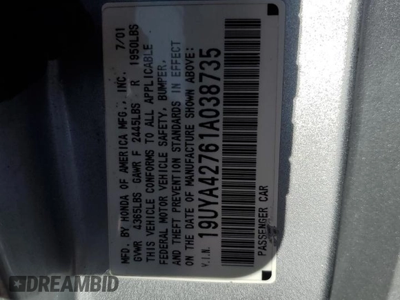 2001 Acura CL Type S z VIN 19UYA42761A038735, wystawiony jako Copart lot #71239144 z przebiegiem 206 090 mil mil oraz Szkody całkowita. Historia ofert i sprzedaży dostępna na DreamBid. Obrazek 14.
