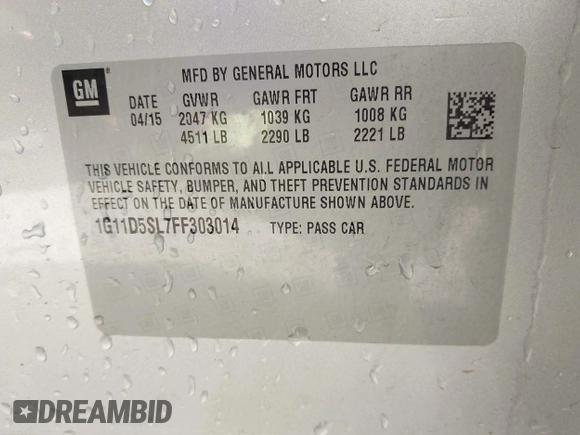 2015 Chevrolet Malibu LT with VIN 1G11D5SL7FF303014, listed as a IAAI auction lot 42126846 with 130,730 mi miles and . Bid and sale history available at DreamBid. Image 9.
