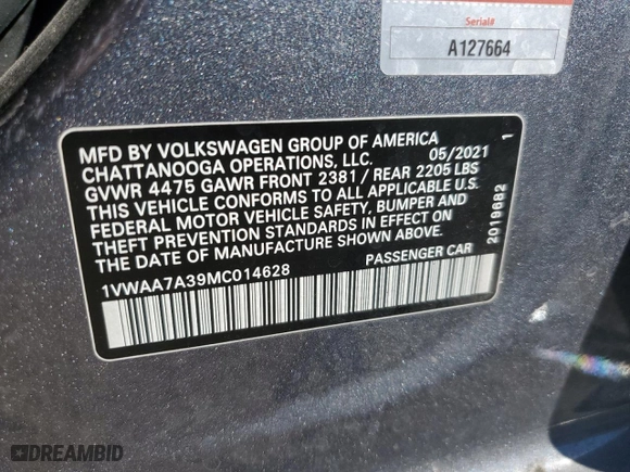 2021 Volkswagen Passat 2.0T S with VIN 1VWAA7A39MC014628, listed as a Copart auction lot 86105844 with 68,540 mi miles and Salvage Title. Bid and sale history available at carsss.com. Image 12.