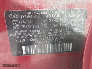 2012 Hyundai Elantra GLS with VIN KMHDH4AE8CU307887, listed as a IAAI auction lot 41657165 with 160,910 mi miles. Bid and sale history available at carsss.com. Image 9.