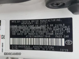 2021 Toyota Camry SE Nightshade with VIN 4T1G11AK6MU611646, listed as a Copart auction lot 50590225 with 55,704 mi miles and Salvage Title. Bid and sale history available at DreamBid. Image 14.