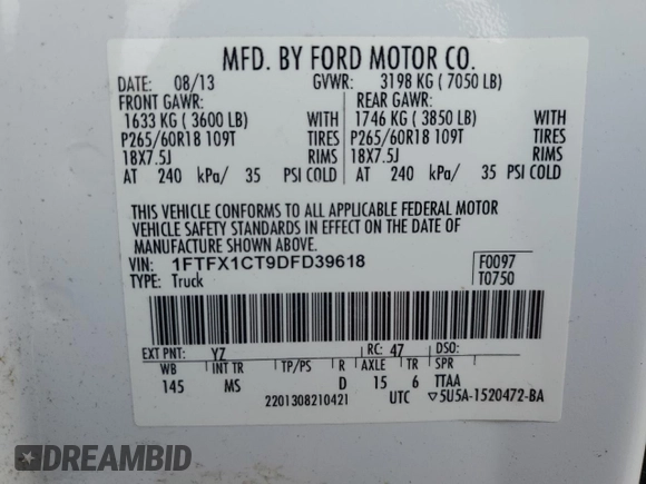 2013 Ford F-150 XL with VIN 1FTFX1CT9DFD39618, listed as a Copart auction lot 42600395 with 99,380 mi miles and Clean Title. Bid and sale history available at carsss.com. Image 12.