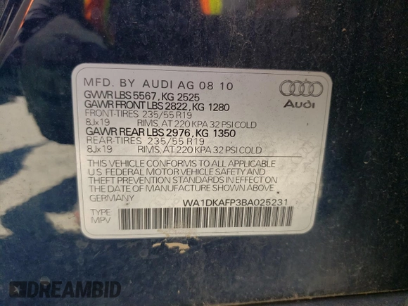 2011 Audi Q5 Premium Plus z VIN WA1DKAFP3BA025231, wystawiony jako Copart lot #60541885 z przebiegiem 166 986 mil mil oraz Czysty tytuł • Clean title. Historia ofert i sprzedaży dostępna na DreamBid. Obrazek 13.