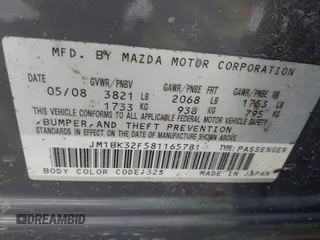 2008 Mazda 3 i Sport with VIN JM1BK32F581165781, listed as a IAAI auction lot 41908976 with 108,407 mi miles and . Bid and sale history available at DreamBid. Image 9.
