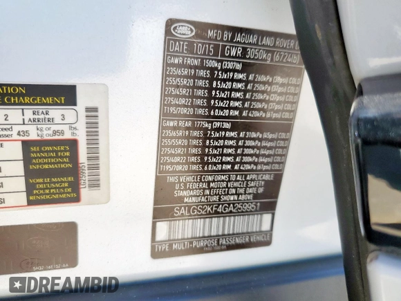 2016 Land Rover Range Rover HSE with VIN SALGS2KF4GA259951, listed as a Copart auction lot 61177005 with 126,560 mi miles and Clean title. Bid and sale history available at DreamBid. Image 12.