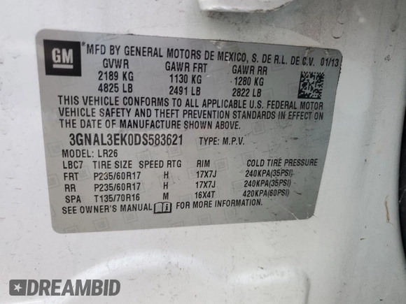 2013 Chevrolet Captiva Sport LT with VIN 3GNAL3EK0DS583621, listed as a Copart auction lot 76584524 with 152,067 mi miles and Clean Title. Bid and sale history available at DreamBid. Image 13.