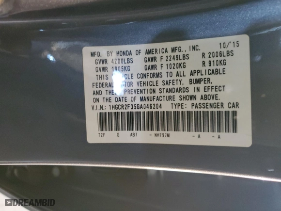 2016 Honda Accord Sedan LX with VIN 1HGCR2F35GA046204, listed as a Copart auction lot 85167384 with 82,407 mi miles and Salvage Title. Bid and sale history available at carsss.com. Image 15.