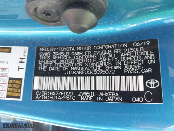 2019 Toyota Prius L Eco with VIN JTDKARFU6K3095072, listed as a IAAI auction lot 41853759 with 17,891 mi miles. Bid and sale history available at carsss.com. Image 9.