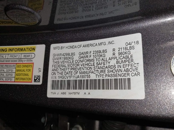 2018 Honda Accord Sedan LX 1.5T with VIN 1HGCV1F11JA155755, listed as a IAAI auction lot 41763914 with 62,897 mi miles. Bid and sale history available at carsss.com. Image 9.