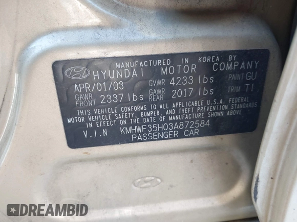 2003 Hyundai Sonata GLS with VIN KMHWF35H03A872584, listed as a IAAI auction lot 41538079 with 203,501 mi miles. Bid and sale history available at carsss.com. Image 9.