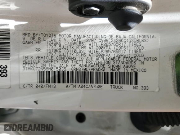 2008 Toyota Tacoma PreRunner with VIN 3TMKU72N58M015035, listed as a Copart auction lot 61503685 with Not provided miles and Salvage title. Bid and sale history available at DreamBid. Image 12.