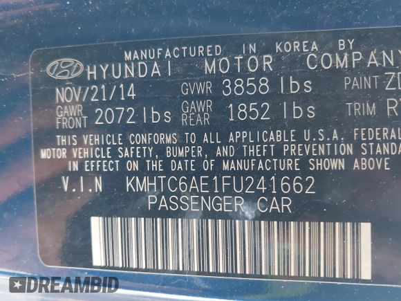 2015 Hyundai Veloster Turbo with VIN KMHTC6AE1FU241662, listed as a IAAI auction lot 42071618 with Not provided miles and . Bid and sale history available at DreamBid. Image 9.