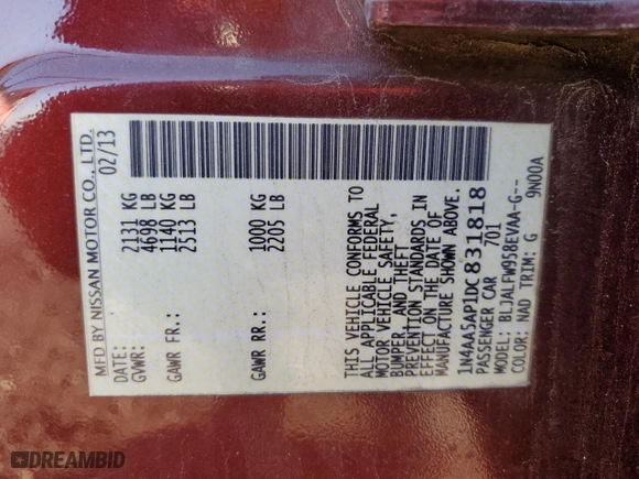 2013 Nissan Maxima 3.5 SV with VIN 1N4AA5AP1DC831818, listed as a Copart auction lot 48672425 with 231,722 mi miles and Salvage Title. Bid and sale history available at carsss.com. Image 12.