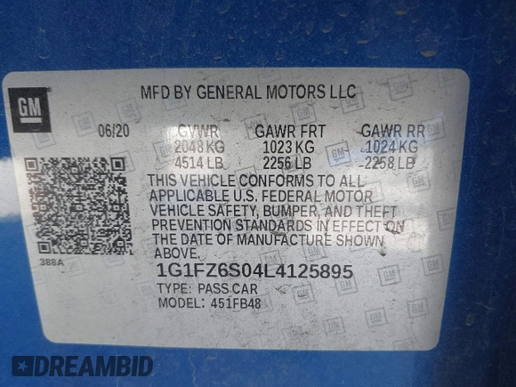 2020 Chevrolet Bolt EV Premier with VIN 1G1FZ6S04L4125895, listed as a IAAI auction lot 41637004 with 18,548 mi miles and . Bid and sale history available at DreamBid. Image 9.