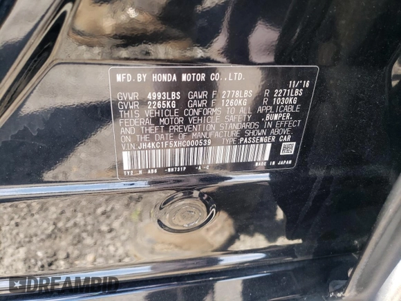 2017 Acura RLX Technology with VIN JH4KC1F5XHC000539, listed as a Copart auction lot 57857175 with 74,699 mi miles and Salvage title. Bid and sale history available at DreamBid. Image 12.