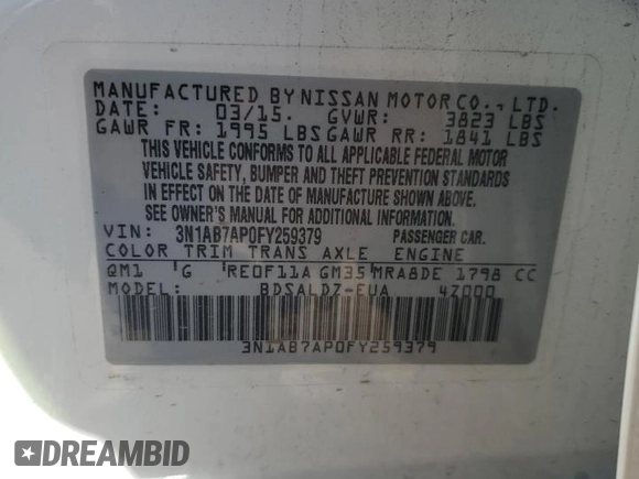 2015 Nissan Sentra SV z VIN 3N1AB7AP0FY259379, wystawiony jako Copart lot #53392085 z przebiegiem 83 882 mil mil oraz Szkoda całkowita • Salvage title. Historia ofert i sprzedaży dostępna na DreamBid. Obrazek 14.