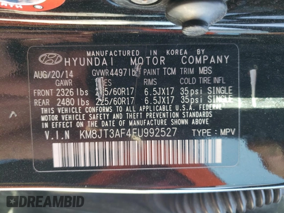 2015 Hyundai Tucson GLS with VIN KM8JT3AF4FU992527, listed as a Copart auction lot 48520885 with 89,381 mi miles and Salvage Title. Bid and sale history available at DreamBid. Image 13.