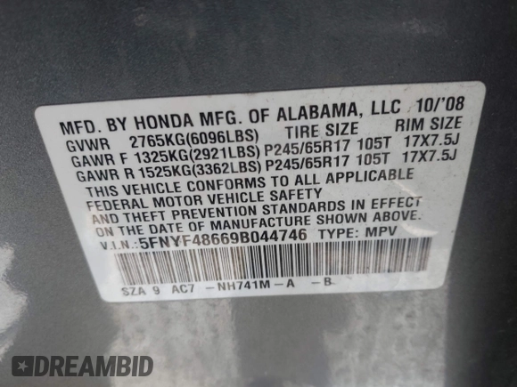 2009 Honda Pilot EX-L with VIN 5FNYF48669B044746, listed as a IAAI auction lot 41932721 with 137,070 mi miles and . Bid and sale history available at carsss.com. Image 9.