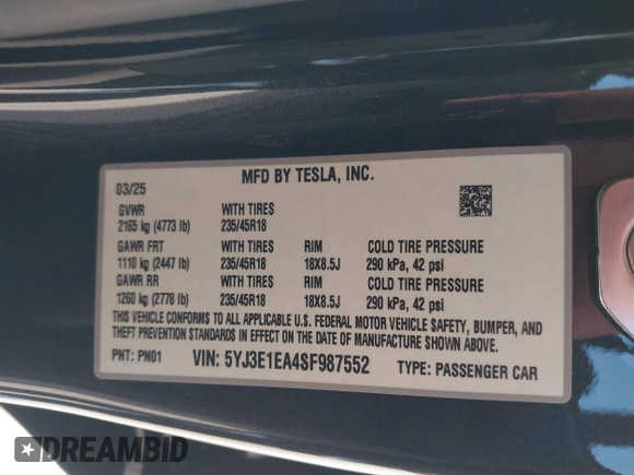 2025 Tesla Model 3 Long Range with VIN 5YJ3E1EA4SF987552, listed as a IAAI auction lot 41959743 with 187 mi miles and . Bid and sale history available at DreamBid. Image 9.