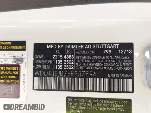 2014 Mercedes-Benz E 350 with VIN WDDKJ8JB7EF257896, listed as a IAAI auction lot 42291137 with 124,499 mi miles and . Bid and sale history available at DreamBid. Image 9.